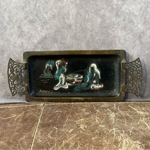 Israel Vintage Brass Enamel Tray Black Gold Hand Painted MCM Filigree Art  Plate